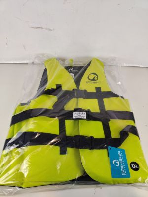 a yellow life jacket that is wrapped in plastic
