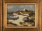 an oil painting of boats on a beach with a lighthouse in the background