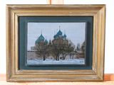 une photo d'un tableau représentant une église sous la neige