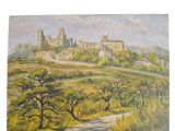 a painting of a castle on top of a hill with trees