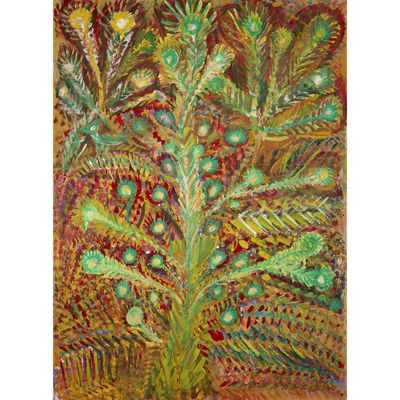 a painting of a tree with green leaves and yellow flowers