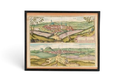 VUES de villes de Bohême. Gravure et rehauts de gouaches.