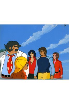 dessin représentant un groupe de personnes debout devant un ciel bleu
