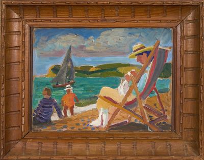 une peinture à l'huile représentant une femme assise sur une chaise à la plage