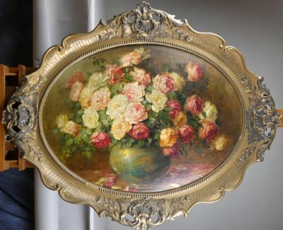 Tableau HST marouflée -Bouquet de roses- signé 99x75cm cadre…