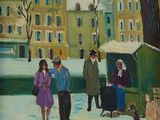a painting of people walking in the snow near a building