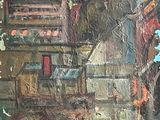 a painting of a cityscape with buildings in the background