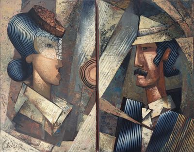 deux tableaux représentant un homme avec un chapeau et une femme avec une cravate