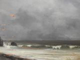 painting of a beach scene with waves crashing on the shore