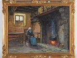 painting of a woman sitting in front of a fireplace in a room