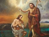 tableau représentant le baptême de Jésus au bord d'une rivière, avec un homme à genoux tenant une croix