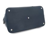 the back of a black leather bag with two metal studs