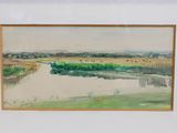 a picture of a watercolor painting of a river in a field