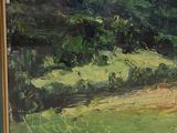 an oil painting of a landscape with a mountain in the background