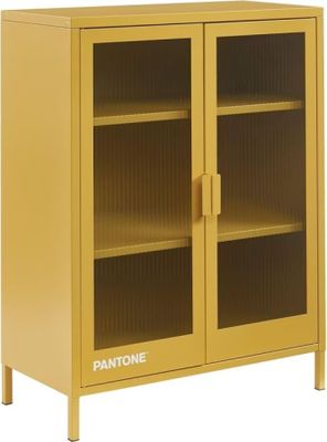 a close up of a yellow cabinet with glass doors on a white background