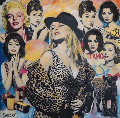 an image of a painting of a woman with a leopard print dress and hat