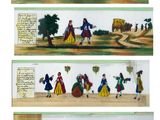 three different views of a painting of people on a field