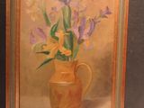 painting of a vase with flowers in it on a shelf next to a wall