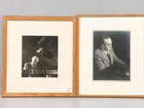 two black and white photographs of a man and a dog