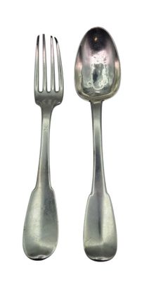 two silver spoons and a fork on a white background