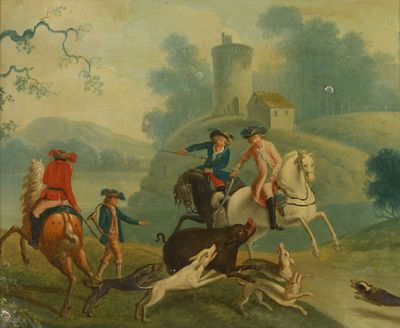 un tableau représentant un groupe de personnes à cheval, accompagnées de chiens
