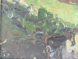 a painting of a group of people walking down the street