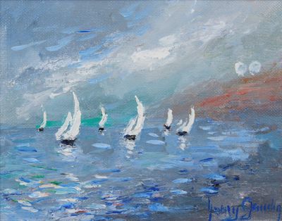 painting of a group of sailboats sailing in the ocean under a cloudy sky
