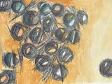 a drawing of a bunch of grapes on a table