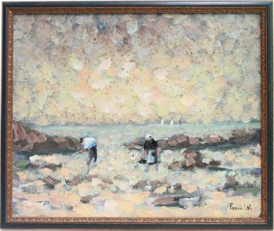 une peinture à l'huile représentant un couple sur une plage