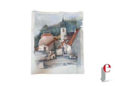 une photo d'un tableau représentant un village avec une église en arrière-plan
