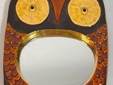 an owl shaped mirror with a gold rim around it