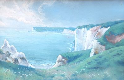 un tableau représentant une vue sur l'océan depuis une colline