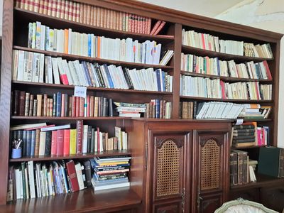 une étagère contenant de nombreux livres dans une pièce