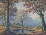 painting of a forest scene with a stream and trees in the foreground