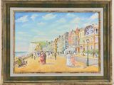 an oil painting of a street scene with people walking on the sidewalk