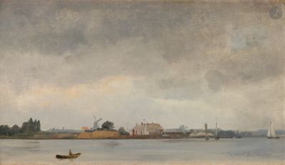un tableau représentant un bateau sur l'eau, près du rivage