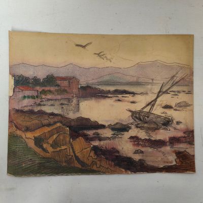 a picture of a painting of a boat in the water