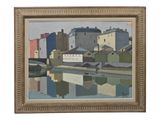an image of a painting of a city by a body of water