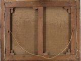 an old wooden frame with a painting hanging on it ' s side