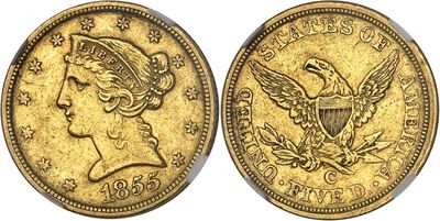 a gold coin with the head of a woman and a eagle on it