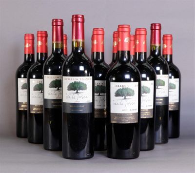 six bottles of red wine lined up in a row on a table