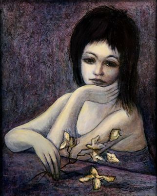 une image représentant un tableau où l'on voit une femme tenant des fleurs à la main