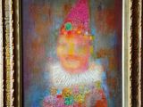 une peinture à l'huile représentant un clown avec un chapeau rouge et un col blanc
