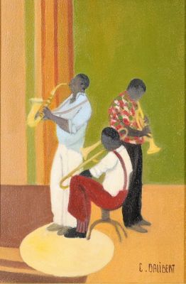 une peinture à l'huile représentant trois hommes jouant d'un instrument dans une pièce
