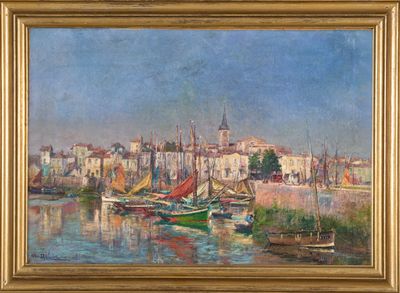 une peinture à l'huile représentant des bateaux dans un port avec des bâtiments à l'arrière-plan