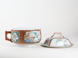 pair of chinese famille cups and saucer with cover