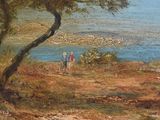 a painting of two people walking on a path by the water