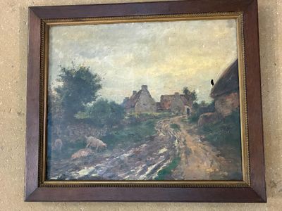 une peinture à l'huile représentant un chemin de terre avec une maison en arrière-plan