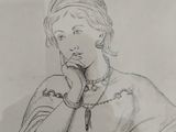 pencil drawing of a woman with a rosary on her wrist