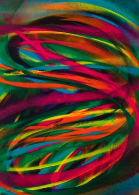 a close up of a multicolored painting of a ball of yarn